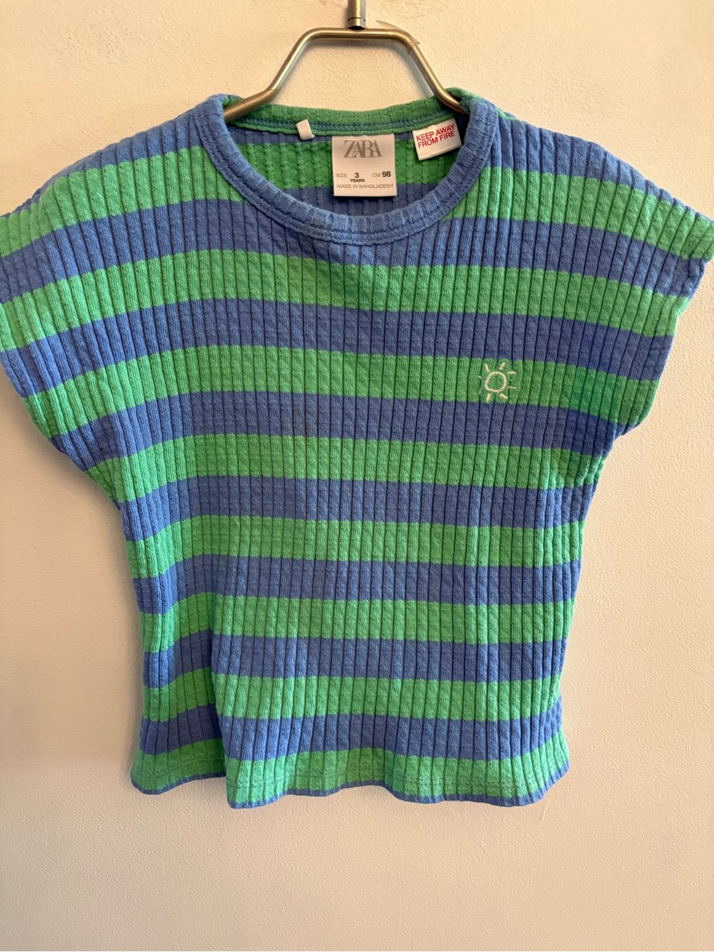 Zara Kids Blue & Green Striped Ribbed Short Sleeve Tee 3T